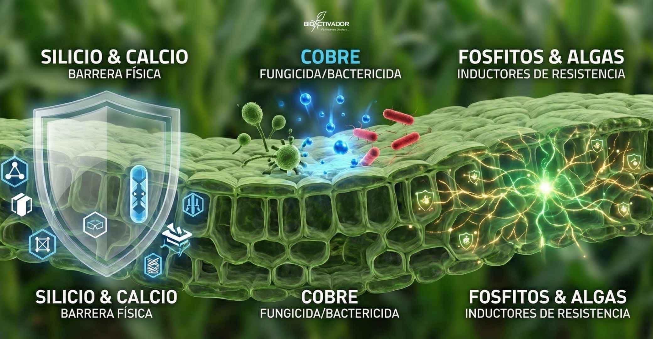 Infografía del mecanismo de acción de la nutrición preventiva: 1. Silicio y Calcio como barrera física celular, 2. Cobre con efecto fungicida/bactericida directo, y 3. Fosfitos y Algas como inductores de resistencia sistémica (SAR).
