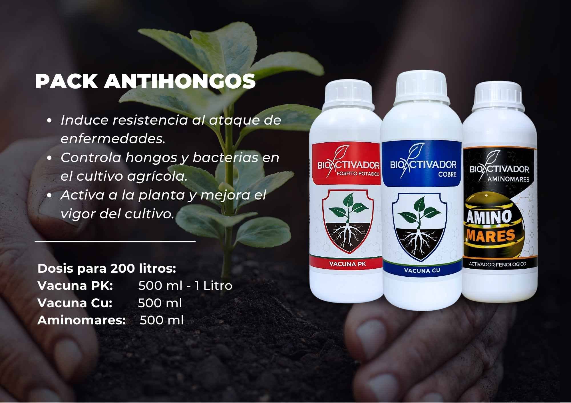 Botellas del Pack Antihongos de Bioactivador que incluye: Vacuna PK (Fosfito Potásico), Vacuna Cu (Cobre) y Aminomares (Aminoácidos) con instrucciones de dosis para control de enfermedades.