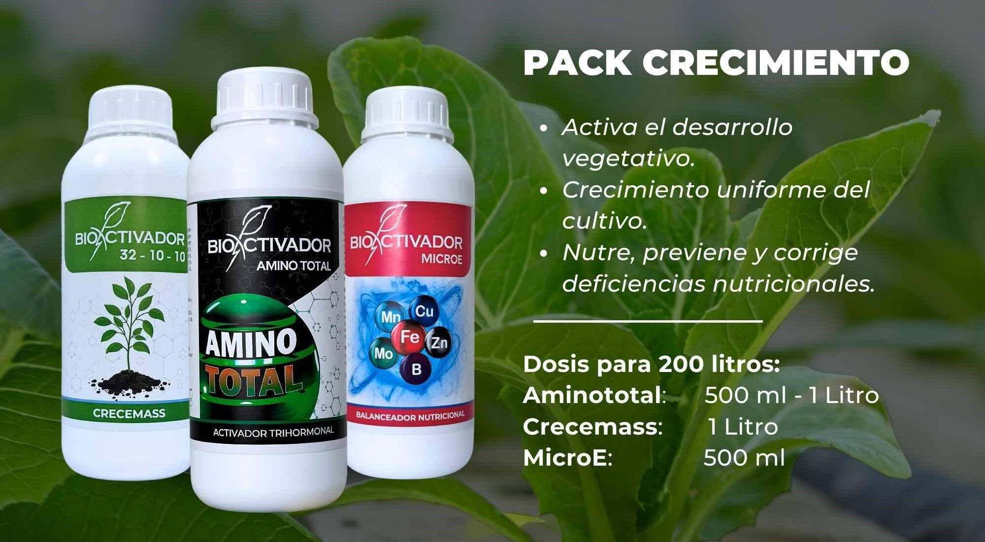 Botellas del Pack Crecimiento de Bioactivador que incluye Crecimass (Nitrógeno/Hormonas), Amino Total (Aminoácidos) y Microl (Microelementos) para activar el desarrollo vegetativo y corregir deficiencias.