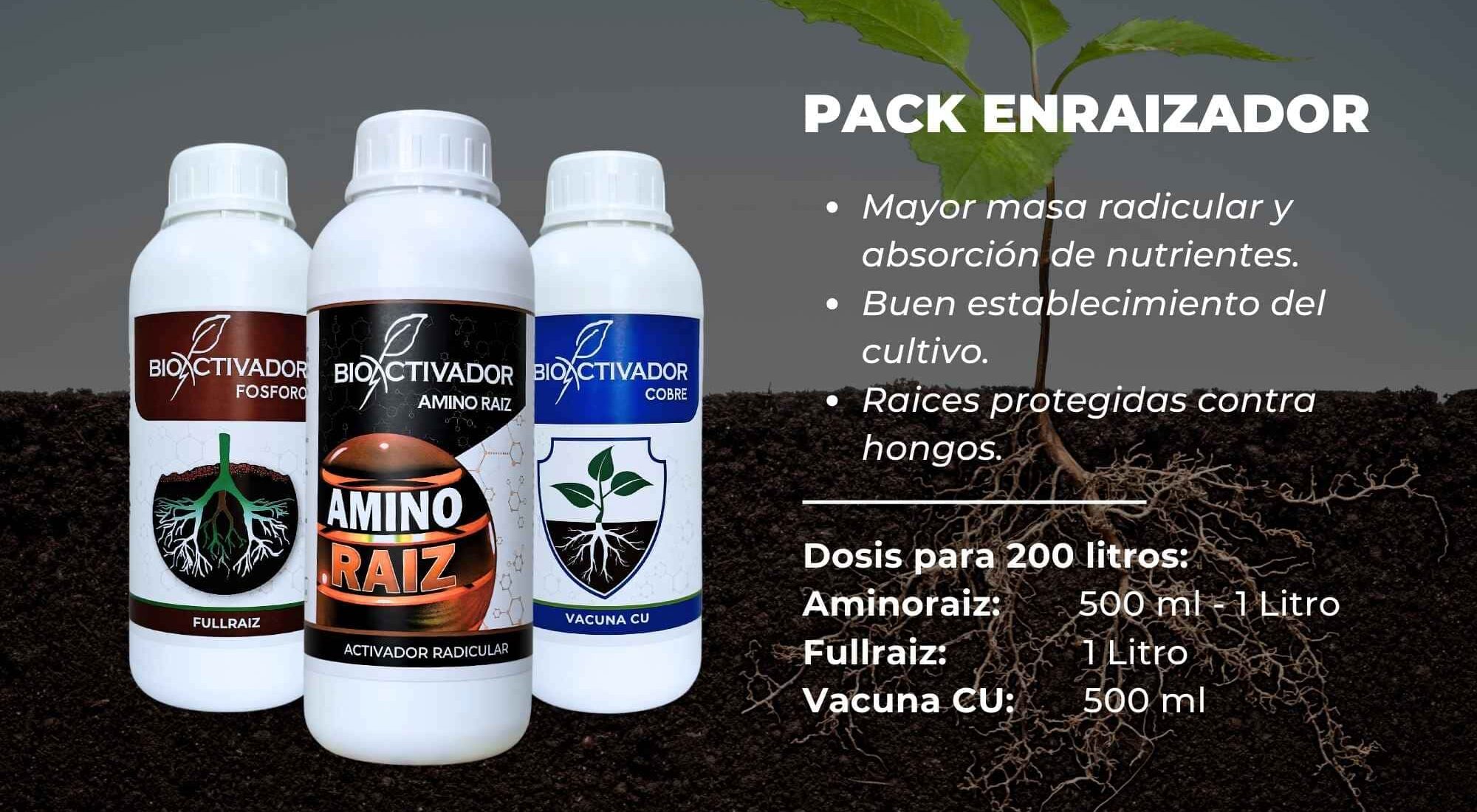 Botellas del Pack Enraizador de Bioactivador compuesto por Fulraiz (Auxinas/Fósforo), Amino Raiz (Aminoácidos) y Vacuna Cu (Cobre) para estimular raíces nuevas y protegerlas de hongos.