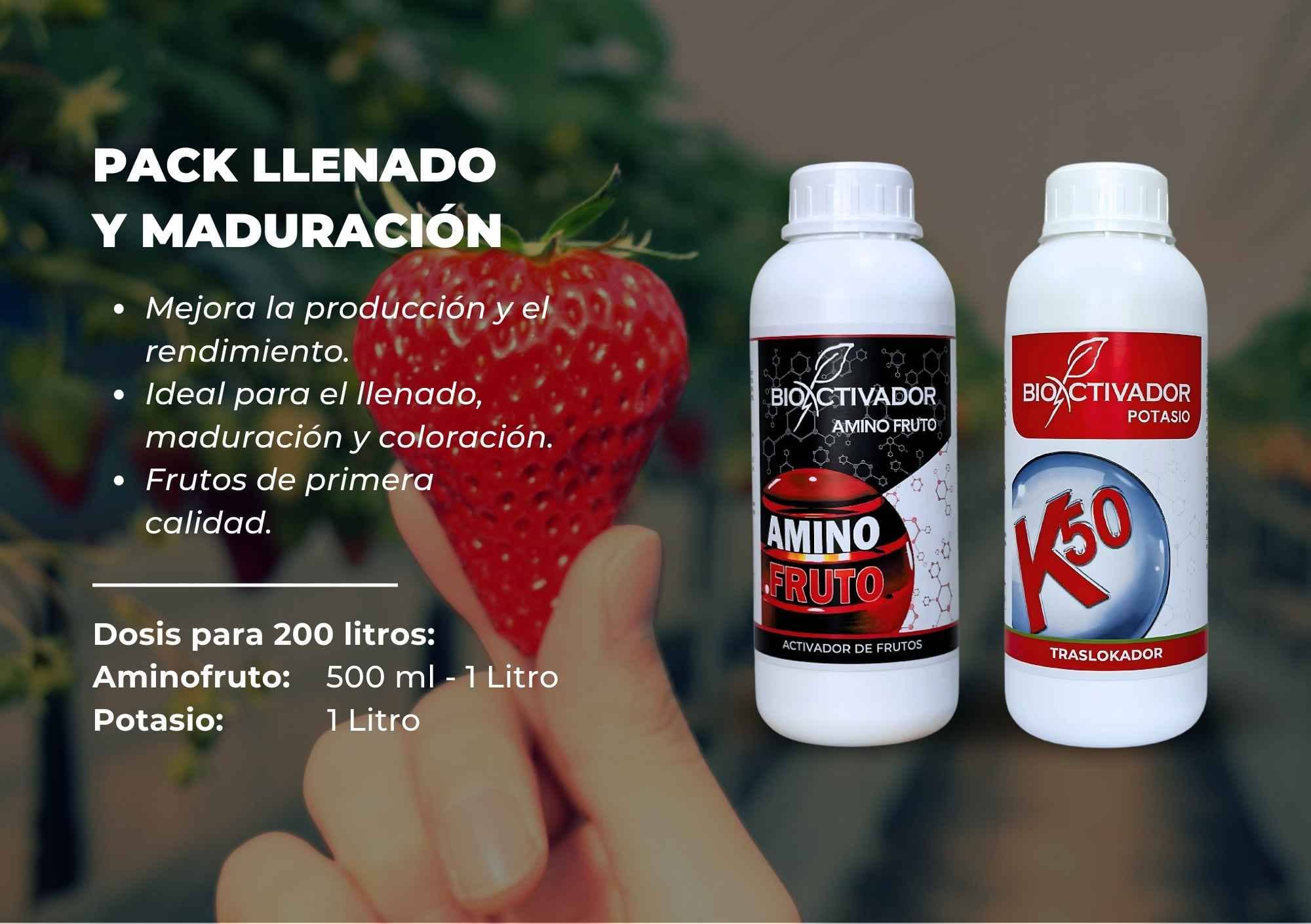 Pack Llenado y Maduración: Kit de fertilización foliar con Amino Fruto y Potasio K-50, diseñado para incrementar el peso, dulzor (Brix) y coloración en cultivos de alto rendimiento como la fresa.