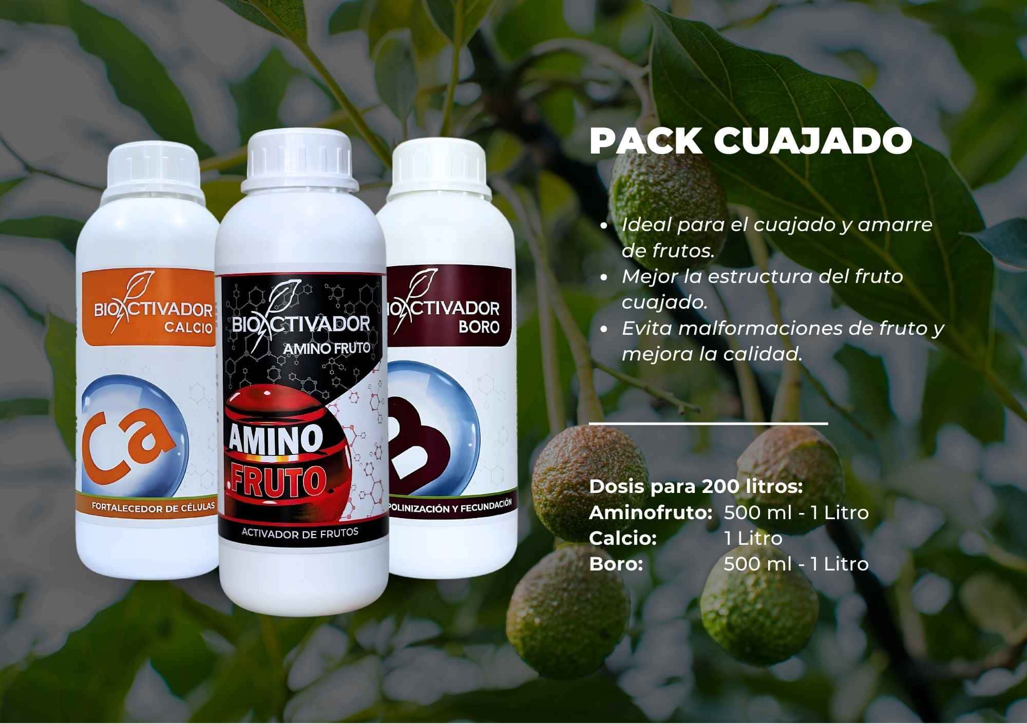 Pack Cuajado Bioactivador: Kit de fertilizantes foliares compuesto por Amino Fruto (Potasio + Aminoácidos), Calcio y Boro, formulado para asegurar el amarre de frutos y evitar su caída prematura.