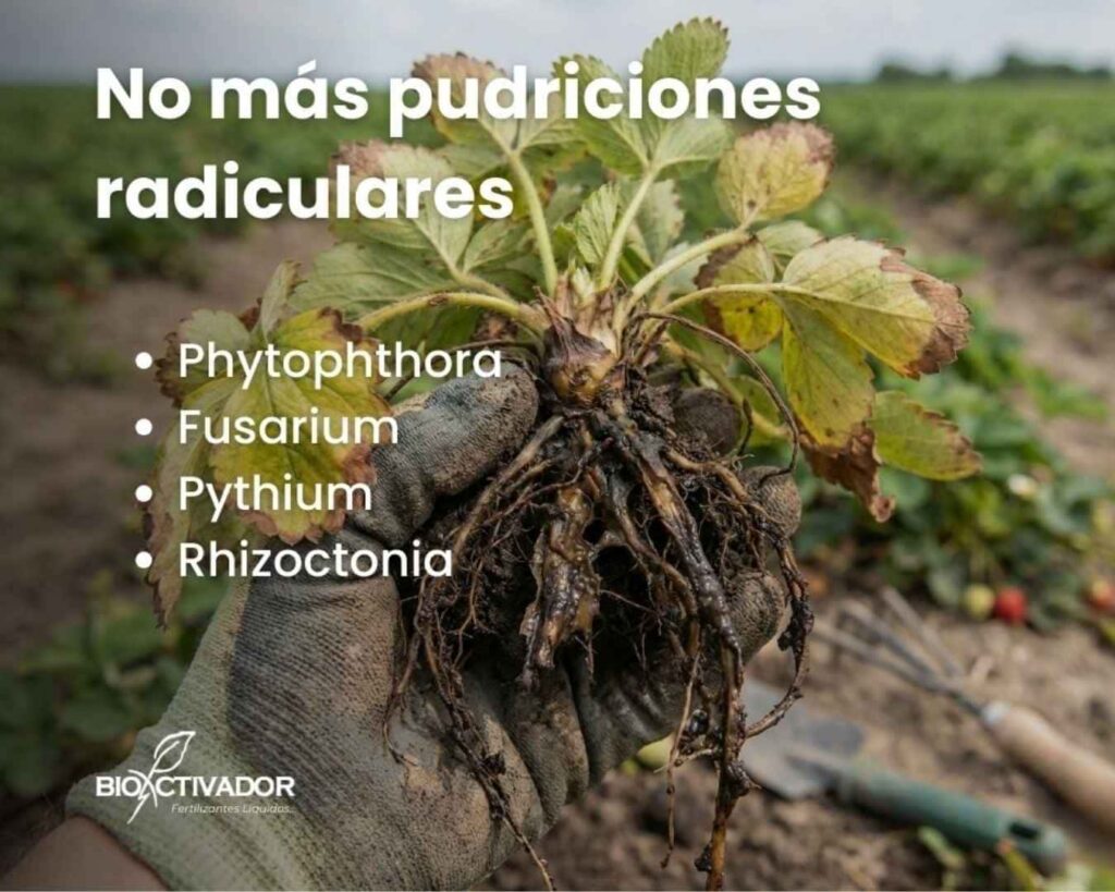 Planta de fresa con síntomas de pudrición radicular severa: raíces oscuras y necrosadas causadas por el complejo de hongos Phytophthora, Fusarium, Pythium y Rhizoctonia, patógenos que se previenen con el uso de cobre en cultivos.
