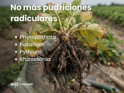 Planta de fresa con síntomas de pudrición radicular severa: raíces oscuras y necrosadas causadas por el complejo de hongos Phytophthora, Fusarium, Pythium y Rhizoctonia, patógenos que se previenen con el uso de cobre en cultivos.