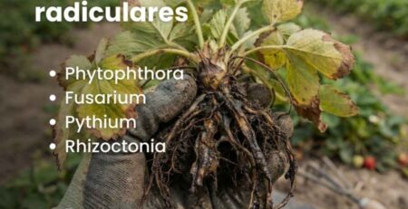 Planta de fresa con síntomas de pudrición radicular severa: raíces oscuras y necrosadas causadas por el complejo de hongos Phytophthora, Fusarium, Pythium y Rhizoctonia, patógenos que se previenen con el uso de cobre en cultivos.