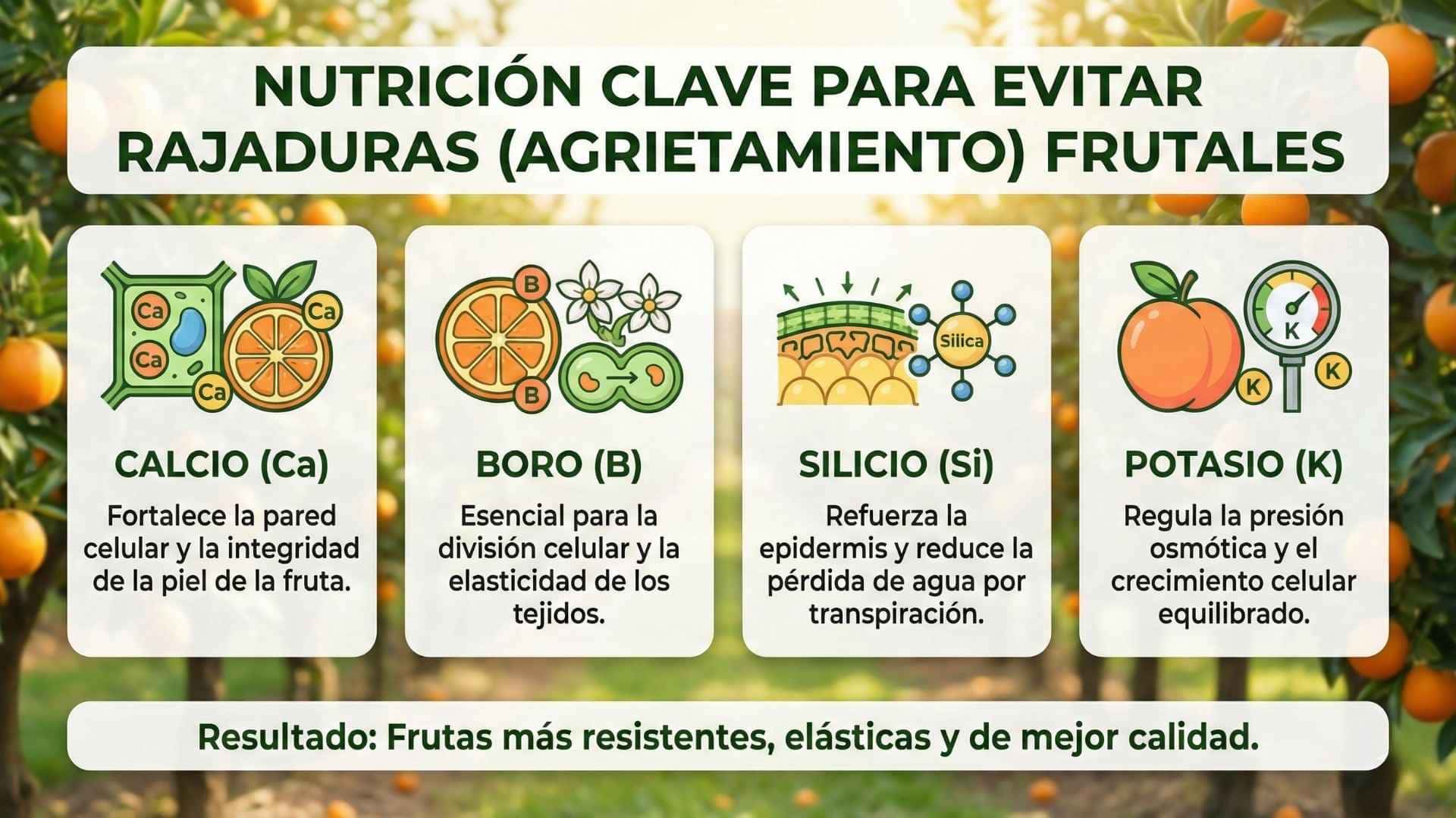 Infografía de nutrientes clave para prevenir el rajado (cracking) en frutales: funciones del Calcio (integridad celular), Boro (elasticidad), Silicio (resistencia epidérmica) y Potasio (presión osmótica).