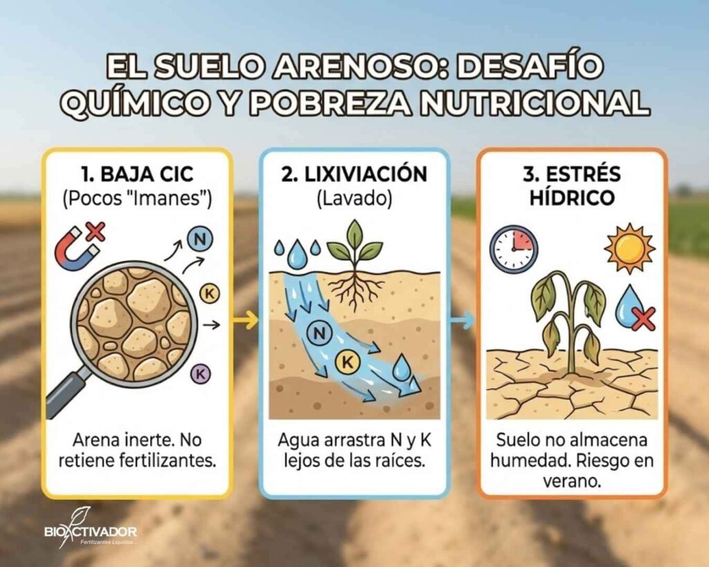 Infografía de los desafíos nutricionales del suelo arenoso: baja CIC (incapacidad de retener cationes), alta lixiviación (lavado de Nitrógeno y Potasio) y riesgo permanente de estrés hídrico por falta de microporos.