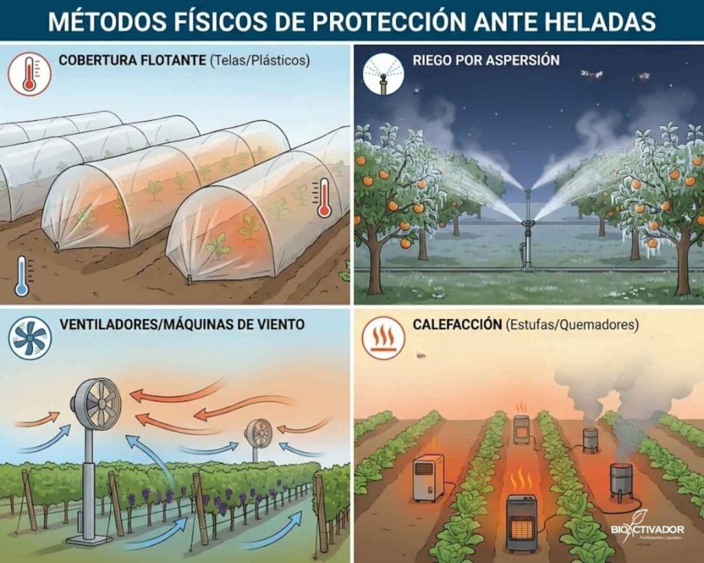 Infografía de los métodos físicos de protección contra heladas: uso de cobertura flotante (mantas), riego por aspersión (calor latente), ventiladores para inversión térmica y sistemas de calefacción en campo.