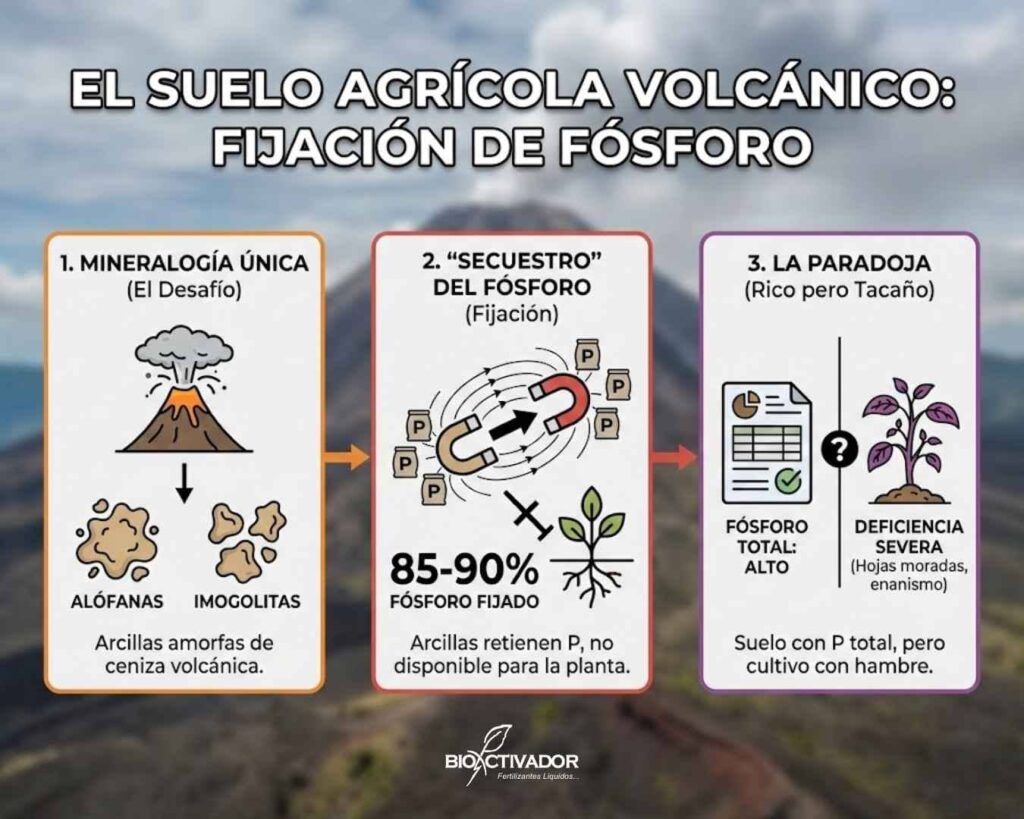 Infografía sobre el problema de fijación de fósforo en suelos volcánicos: acción de arcillas amorfas (Alofan e Imogolitas) que retienen el 90% del fósforo, causando la paradoja de "suelo rico, planta pobre".