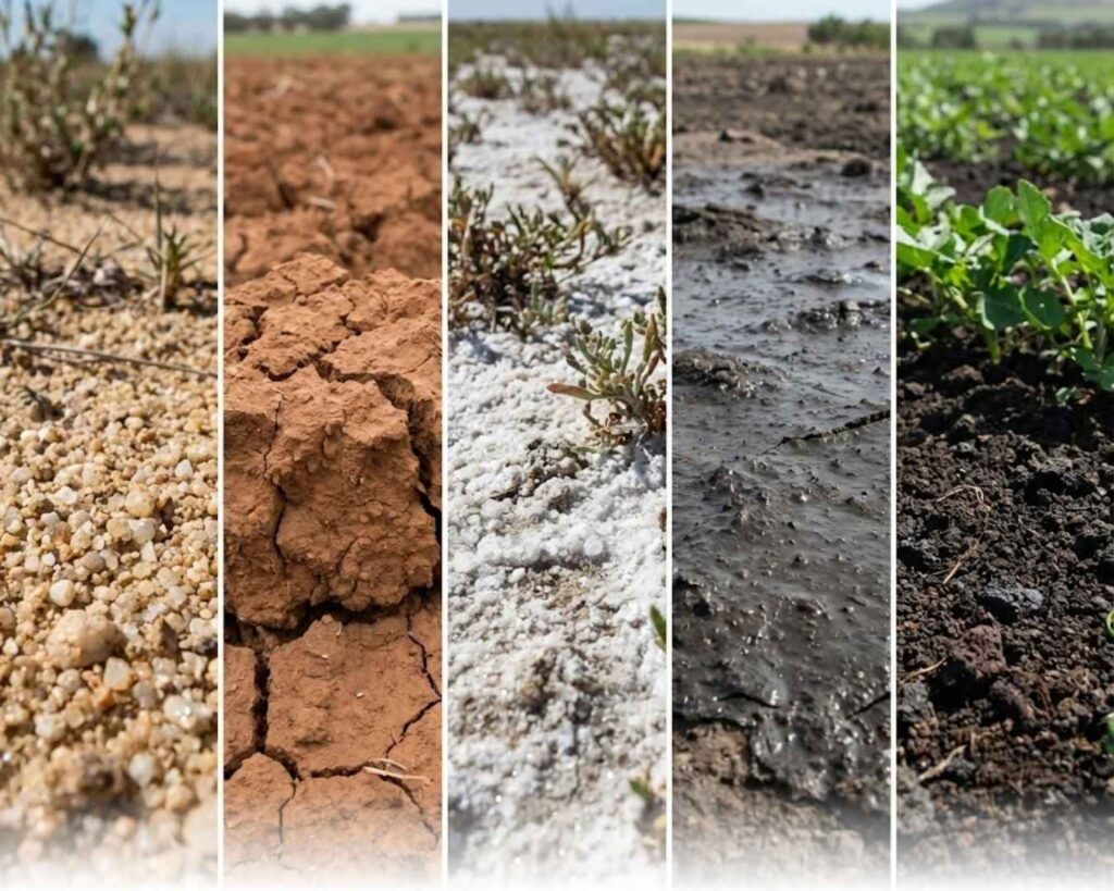 Collage comparativo de los tipos de suelos en la agricultura: arenoso (drenaje excesivo), arcilloso (agrietado/compacto), salino (costra blanca), calcáreo y volcánico (materia orgánica oscura), mostrando su variabilidad física.