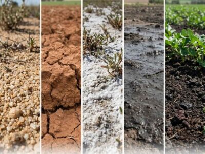 Collage comparativo de los tipos de suelos en la agricultura: arenoso (drenaje excesivo), arcilloso (agrietado/compacto), salino (costra blanca), calcáreo y volcánico (materia orgánica oscura), mostrando su variabilidad física.