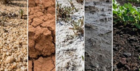 Collage comparativo de los tipos de suelos en la agricultura: arenoso (drenaje excesivo), arcilloso (agrietado/compacto), salino (costra blanca), calcáreo y volcánico (materia orgánica oscura), mostrando su variabilidad física.