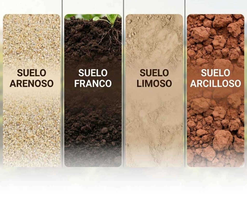 Primer plano de las texturas de los cuatro suelos agrícolas principales: Suelo Arenoso (granos beige sueltos), Suelo Franco (tierra negra grumosa), Suelo Limoso (polvo fino marrón claro) y Suelo Arcilloso (terrones rojizos compactos).