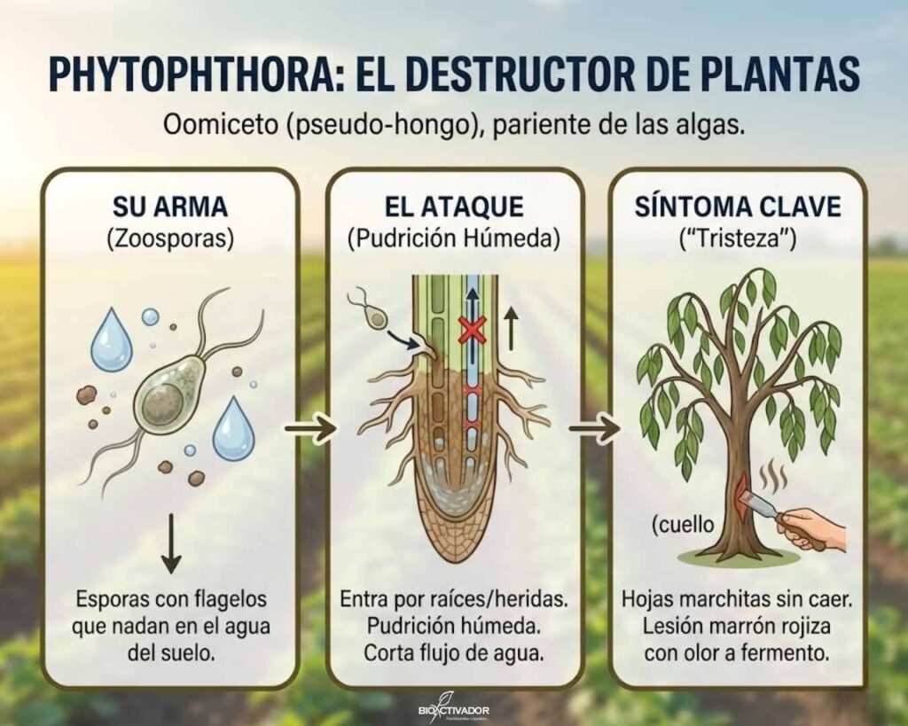 Infografía del ciclo de infección de Phytophthora (Oomiceto): dispersión por zoosporas en suelos saturados, pudrición húmeda de raíces y síntoma visual de "tristeza" (marchitez rápida sin caída de hoja) con lesiones en el cuello.