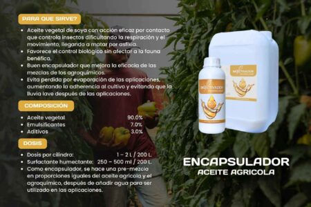 Infografía del Aceite Agrícola Encapsulador: insecticida de acción por contacto y asfixia. Detalla composición (90% aceite vegetal) y dosis de 1 a 2 litros por cilindro para potenciar mezclas.