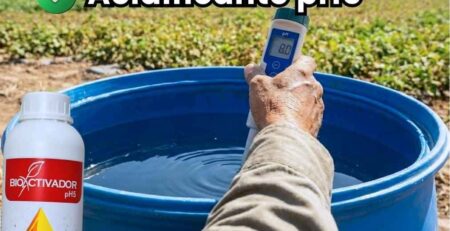 Agricultor realizando medición de pH en tanque de agua con potenciómetro digital. Portada del artículo sobre el uso del acidificante agrícola Bioactivador pH5 para corregir aguas alcalinas.