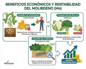 Beneficios económicos fertilización Molibdeno: Ahorro de nitrógeno en soja, Calidad comercial en brócoli (sin descarte) y Reducción de nitratos para exportación en lechuga.