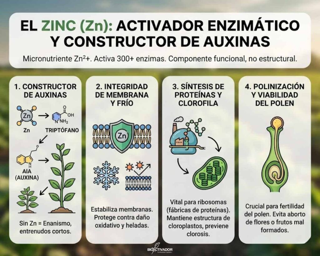 Infografía funciones del Zinc (Zn) en plantas: síntesis de auxinas y triptófano, integridad de membrana ante frío, clorofila y viabilidad del polen.