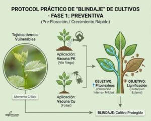 Infografía del protocolo práctico de blindaje de cultivos: aplicación preventiva de Vacuna PK vía riego y Vacuna Cu vía foliar para inducir fitoalexinas y lignificación en pre-floración.