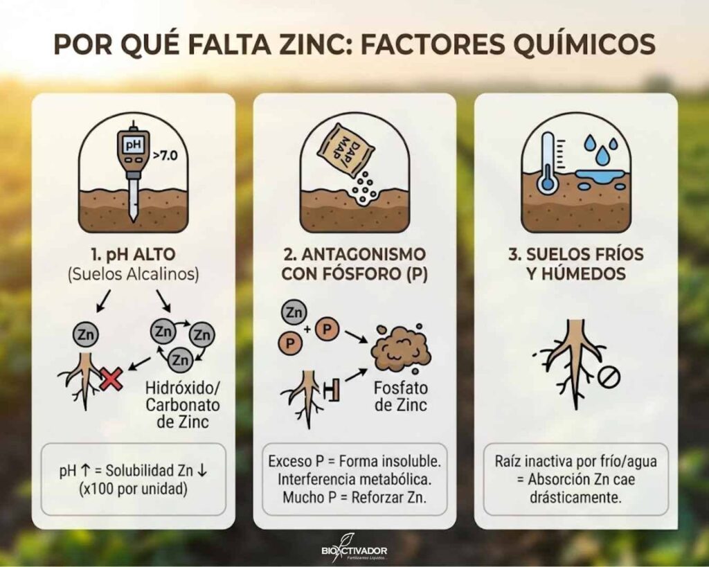 Factores químicos que causan deficiencia de Zinc: pH alcalino, antagonismo con exceso de Fósforo y suelos fríos.