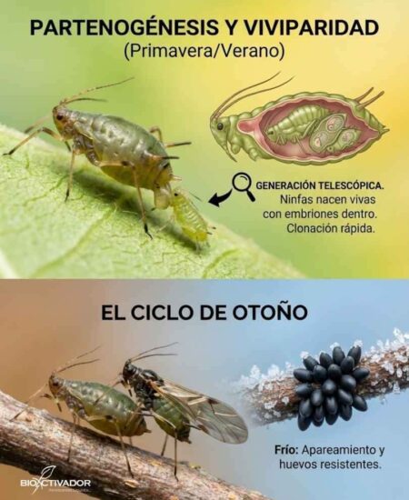 Infografía del ciclo reproductivo de los pulgones: partenogénesis y viviparidad en primavera/verano (clonación rápida), frente al apareamiento y huevos de invierno en el ciclo de otoño.