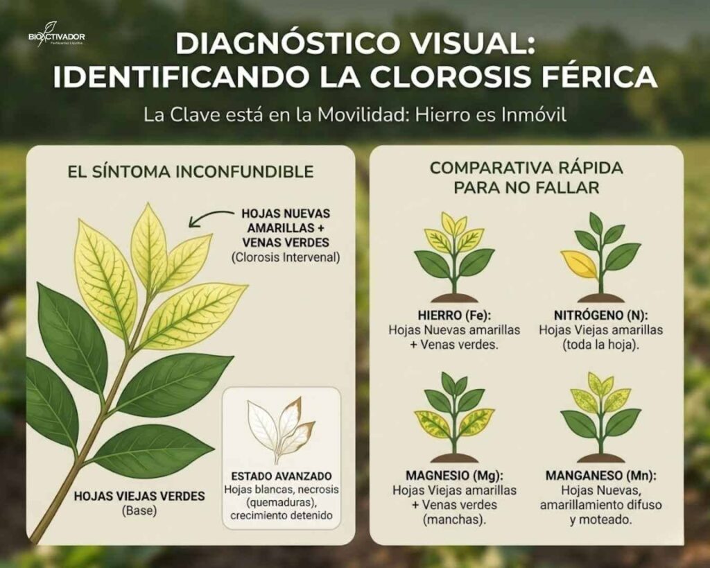 Infografía de diagnóstico visual de la Clorosis Férrica: síntoma característico de hojas nuevas amarillas con nervaduras verdes (intervenal) debido a la inmovilidad del hierro, comparado con deficiencias de Nitrógeno (hojas viejas) y Magnesio.