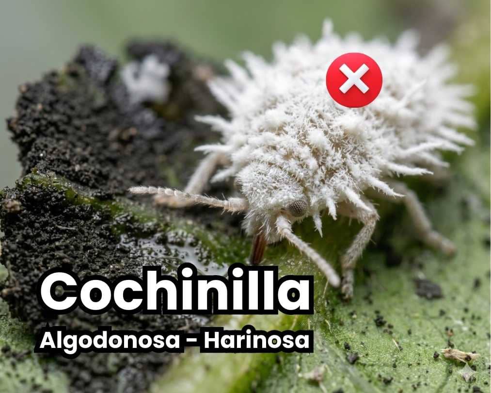 Primer plano macro de un dedo señalando una infestación severa de cochinilla algodonosa (chanchito blanco) cubriendo el tallo y hoja de una planta. Imagen de portada de la guía de control.