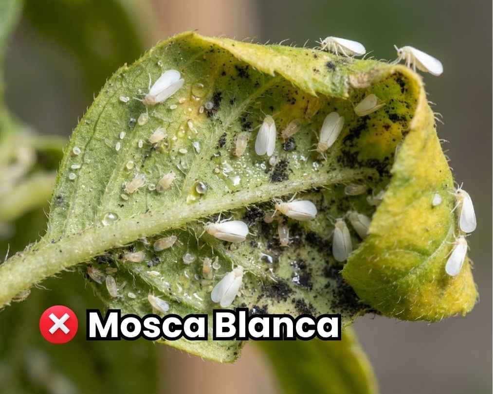 Hoja de cultivo severamente infestada por plaga de mosca blanca (adultos y ninfas) con daño visible de hongo fumagina negra. Imagen de portada de la guía de control y erradicación.