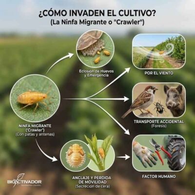 Ciclo de invasión de la queresa: eclosión de la ninfa migrante (crawler), transporte por viento, pájaros o maquinaria, y anclaje final en la planta.