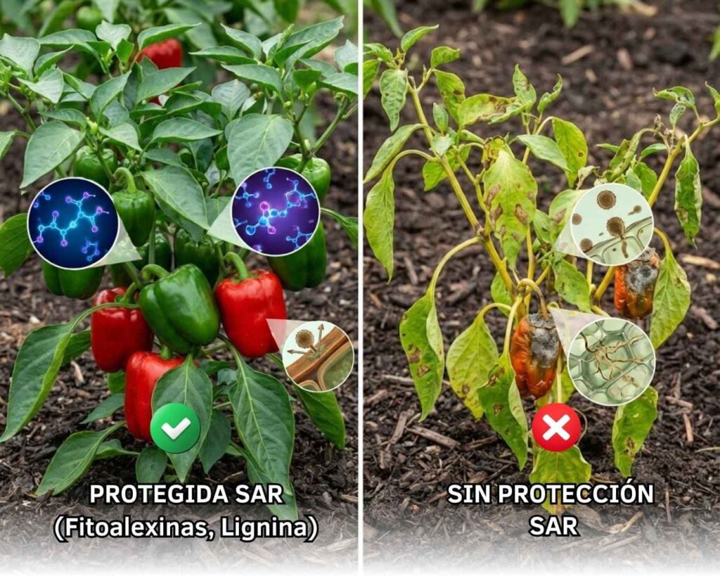 Comparación visual de plantas de pimiento: a la izquierda, cultivo sano protegido con SAR (fitoalexinas y lignina); a la derecha, cultivo enfermo y con manchas sin protección.