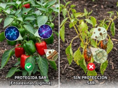 Comparación visual de plantas de pimiento: a la izquierda, cultivo sano protegido con SAR (fitoalexinas y lignina); a la derecha, cultivo enfermo y con manchas sin protección.