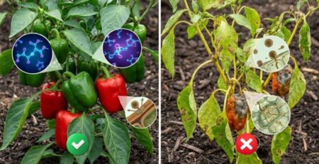 Comparación visual de plantas de pimiento: a la izquierda, cultivo sano protegido con SAR (fitoalexinas y lignina); a la derecha, cultivo enfermo y con manchas sin protección.