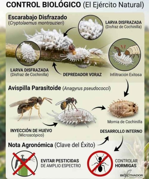 Control biológico de cochinillas: Escarabajo Cryptolaemus montrouzieri cuya larva se disfraza de plaga, y avispilla parasitoide Anagyrus pseudococci inyectando huevos.