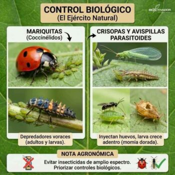 Infografía de control biológico de pulgones mediante fauna auxiliar: depredadores como mariquitas (coccinélidos) y crisopas, junto a avispillas parasitoides que forman momias doradas.