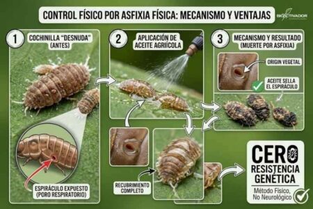 Control físico por asfixia física: Aplicación de Aceite Agrícola que sella el poro respiratorio (espiráculo) de la cochinilla causando muerte sin generar resistencia genética.
