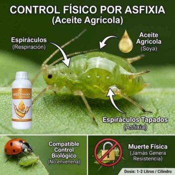 Infografía de control físico de pulgones por asfixia. Muestra el Aceite Agrícola tapando los espiráculos del insecto y destaca su compatibilidad con el control biológico (mariquitas).