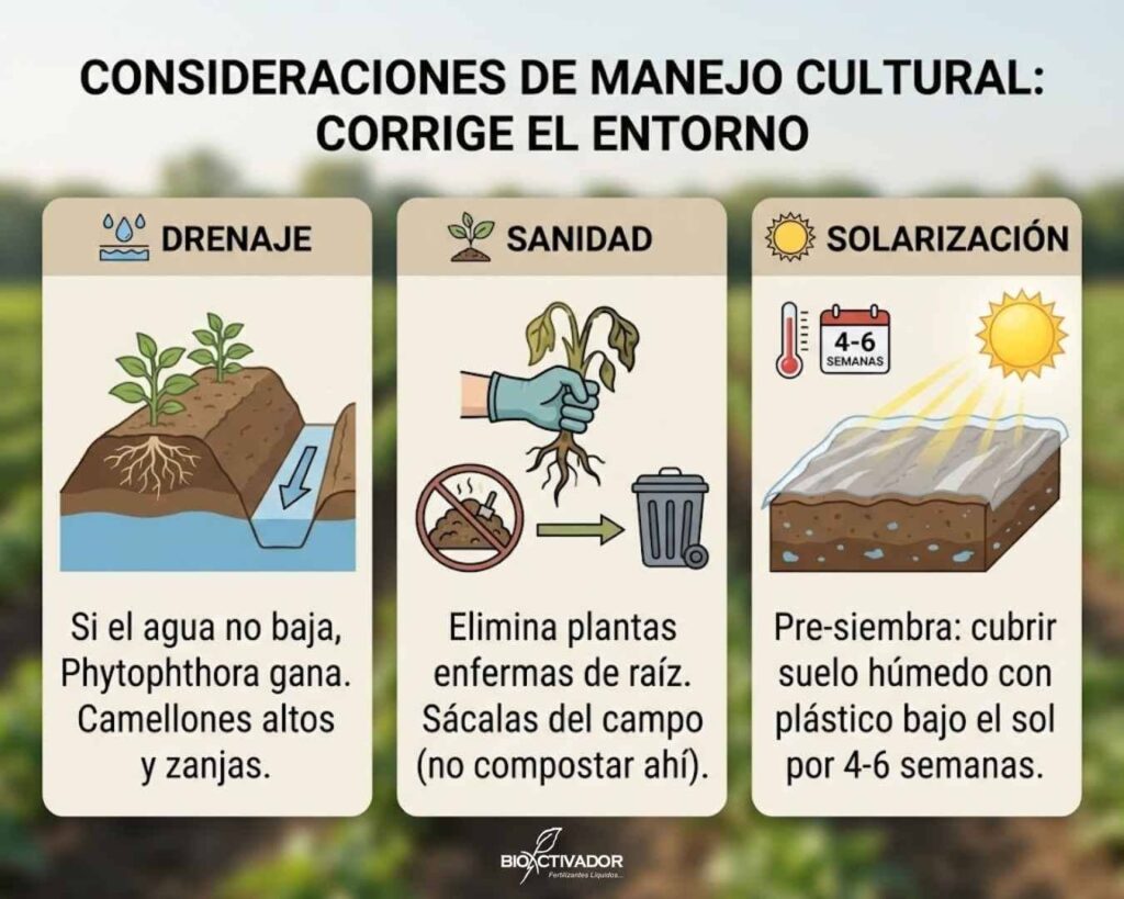 Infografía de estrategias de manejo cultural preventivo contra hongos de suelo: mejora del drenaje mediante camellones altos, sanidad (eliminación de plantas enfermas) y desinfección por solarización pre-siembra.