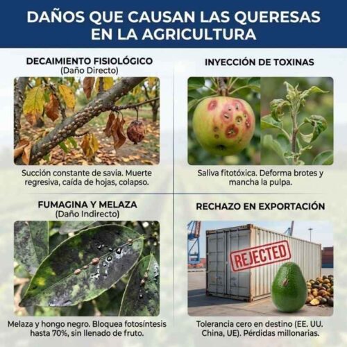 Daños agrícolas por plaga de queresas: decaimiento fisiológico, inyección de saliva tóxica, hongo negro fumagina y contenedor con rechazo de exportación.