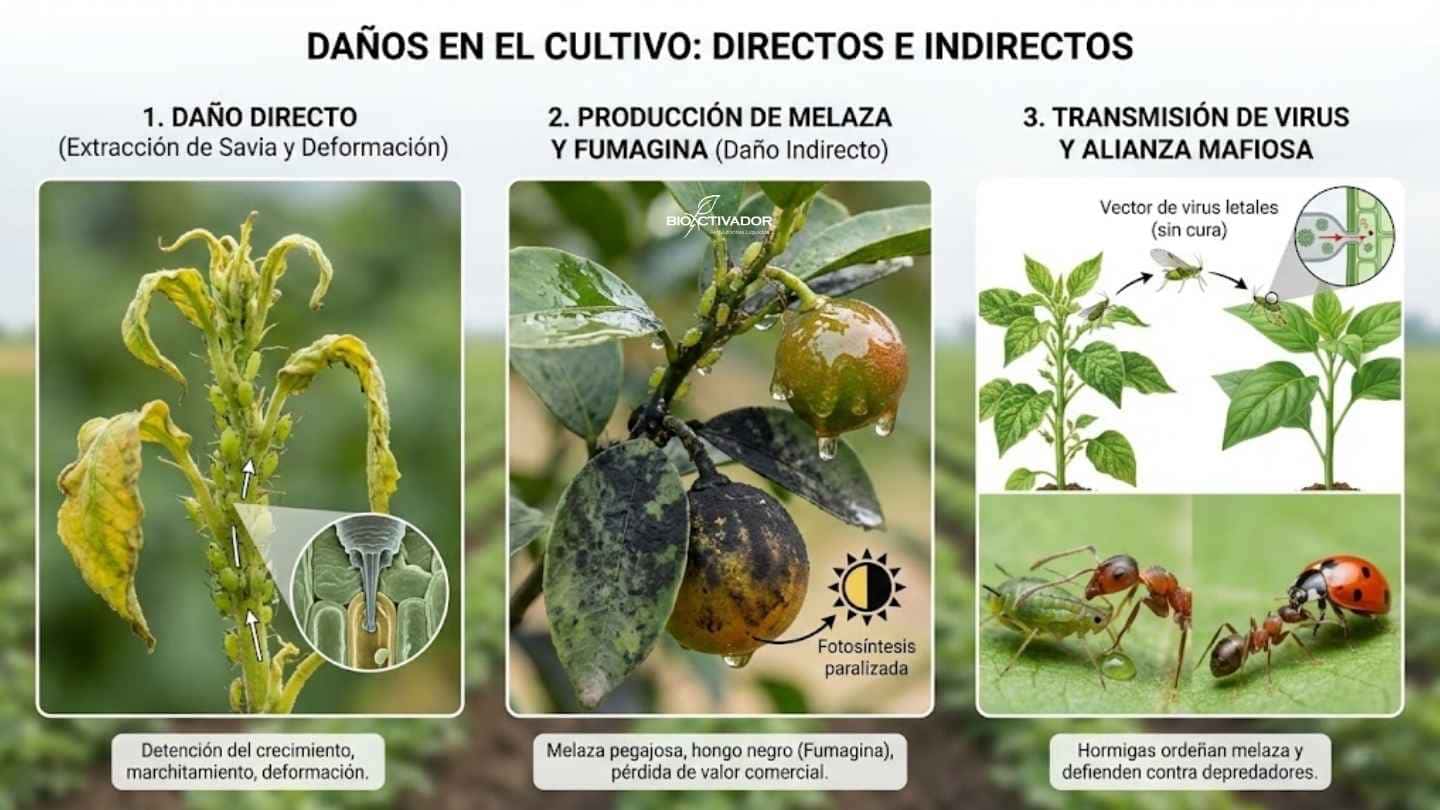Infografía de daños por pulgones en el cultivo: daño directo por extracción de savia (marchitamiento), daño indirecto por melaza que genera hongo fumagina, y transmisión de virus en alianza con hormigas.