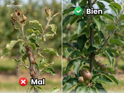 Comparativa visual: Síntomas de deficiencia de cobre en plantas de manzano (muerte regresiva/dieback) vs rama sana con nutrición balanceada.