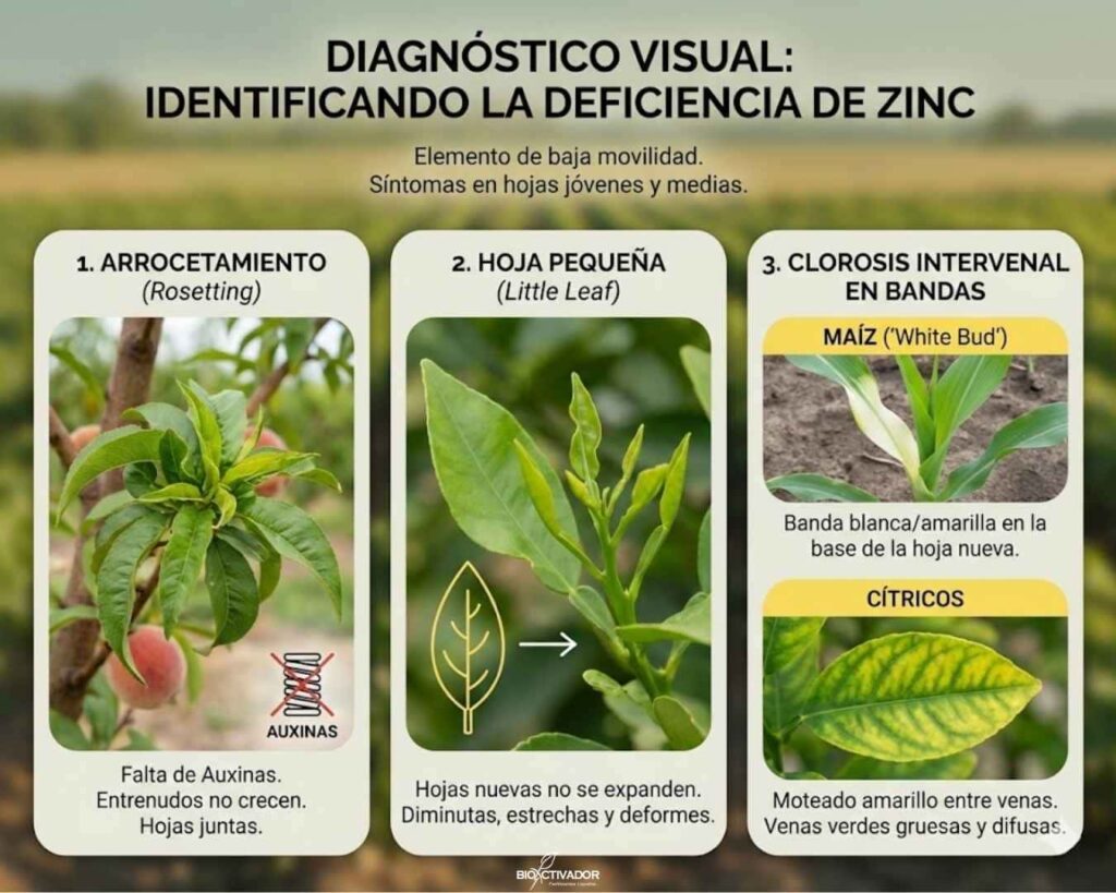 Síntomas visuales de deficiencia de Zinc: Arrocetamiento (rosetting), síndrome de hoja pequeña y clorosis intervenal en bandas (maíz y cítricos).