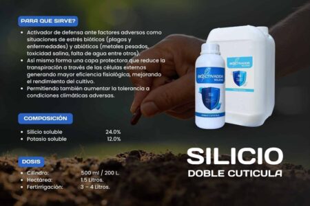 Etiqueta técnica de Bioactivador Silicio: Composición garantizada (24% Silicio soluble + 12% Potasio soluble). Guía de dosis: 500ml por cilindro foliar y 3-4 Litros/ha para fertirrigación.