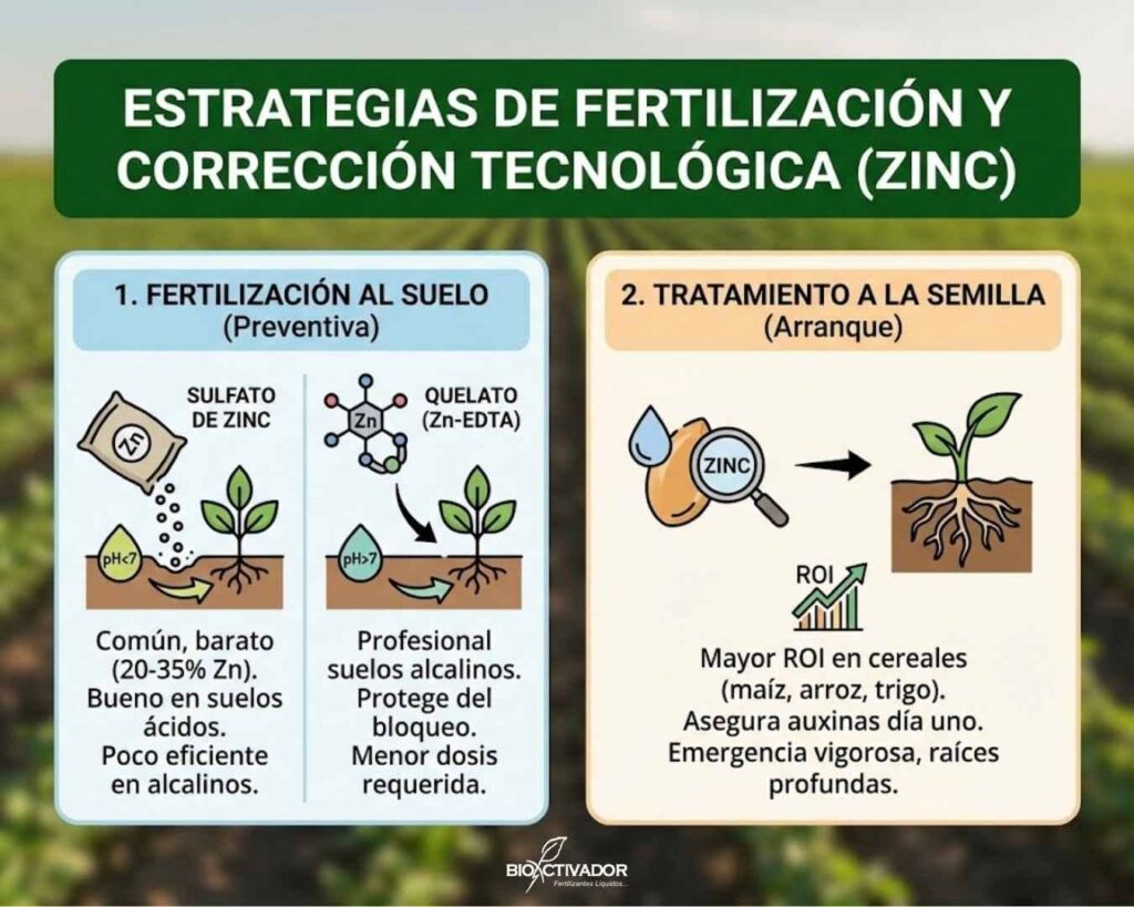 Estrategias de fertilización con Zinc: aplicación al suelo (comparativa sulfato vs quelato Zn-EDTA) y tratamiento de semillas para cereales.