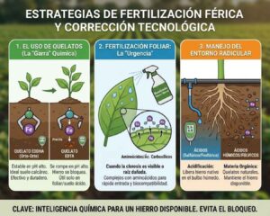 Infografía de estrategias de fertilización férrica: uso de quelatos (la "garra" química) para evitar bloqueos en pH alto, aplicación foliar con aminoácidos para corrección de urgencia de la clorosis, y manejo del pH radicular con ácidos húmicos.