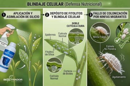 Blindaje celular nutricional: Aplicación foliar de Silicio que crea una doble cutícula dura y abrasiva, impidiendo que el estilete de la cochinilla penetre la hoja.