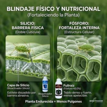 Infografía de blindaje físico y nutricional contra pulgones. Muestra el uso de Silicio para crear una doble cutícula abrasiva contra el estilete, y Fósforo (FullRaiz) para fortalecer la estructura celular interna.