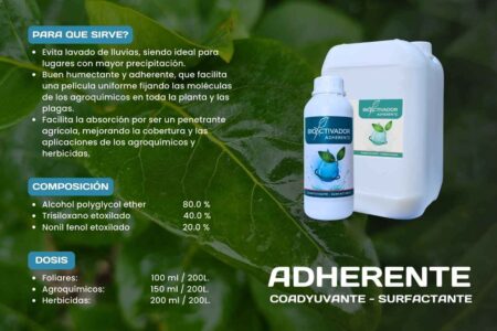 Ficha técnica Bioactivador Adherente agrícola: Guía de dosis por cilindro (200L). Aplicación foliar (100 ml), mezcla con agroquímicos (150 ml) y potenciador de herbicidas (200 ml).