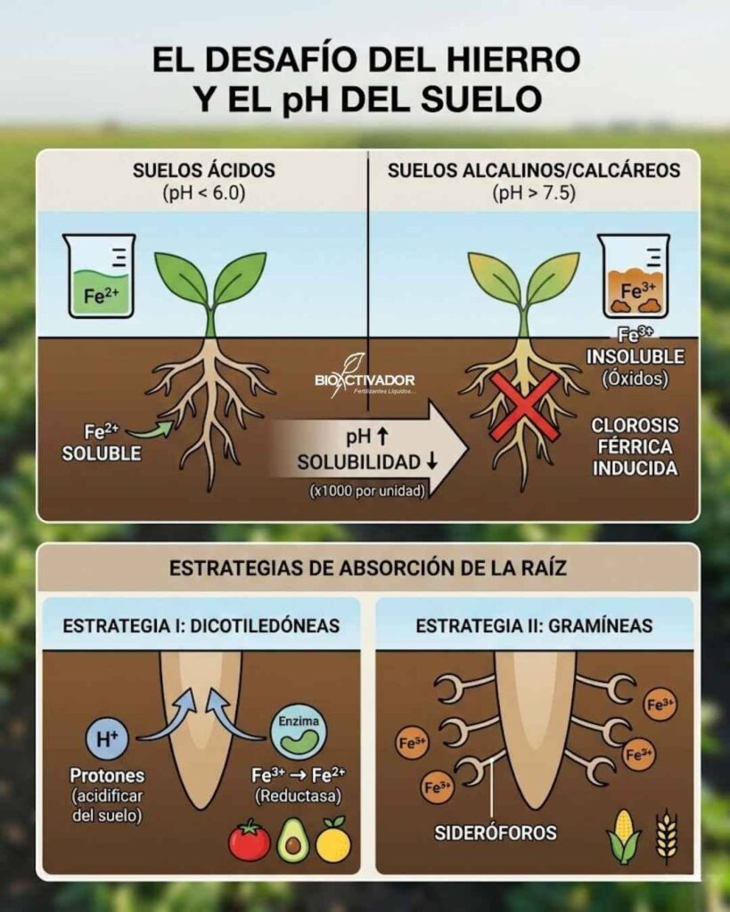 Infografía sobre cómo el pH del suelo afecta la disponibilidad de hierro y estrategias de absorción radicular en plantas.