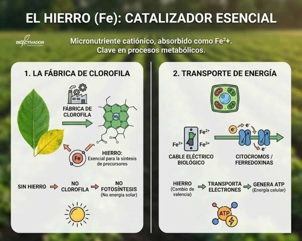 Infografía de las funciones metabólicas del Hierro (Fe) en plantas: rol catalítico en la síntesis de clorofila (prevención de clorosis) y función esencial en el transporte de electrones (Citocromos/Ferredoxinas) para generar energía (ATP) durante la fotosíntesis.