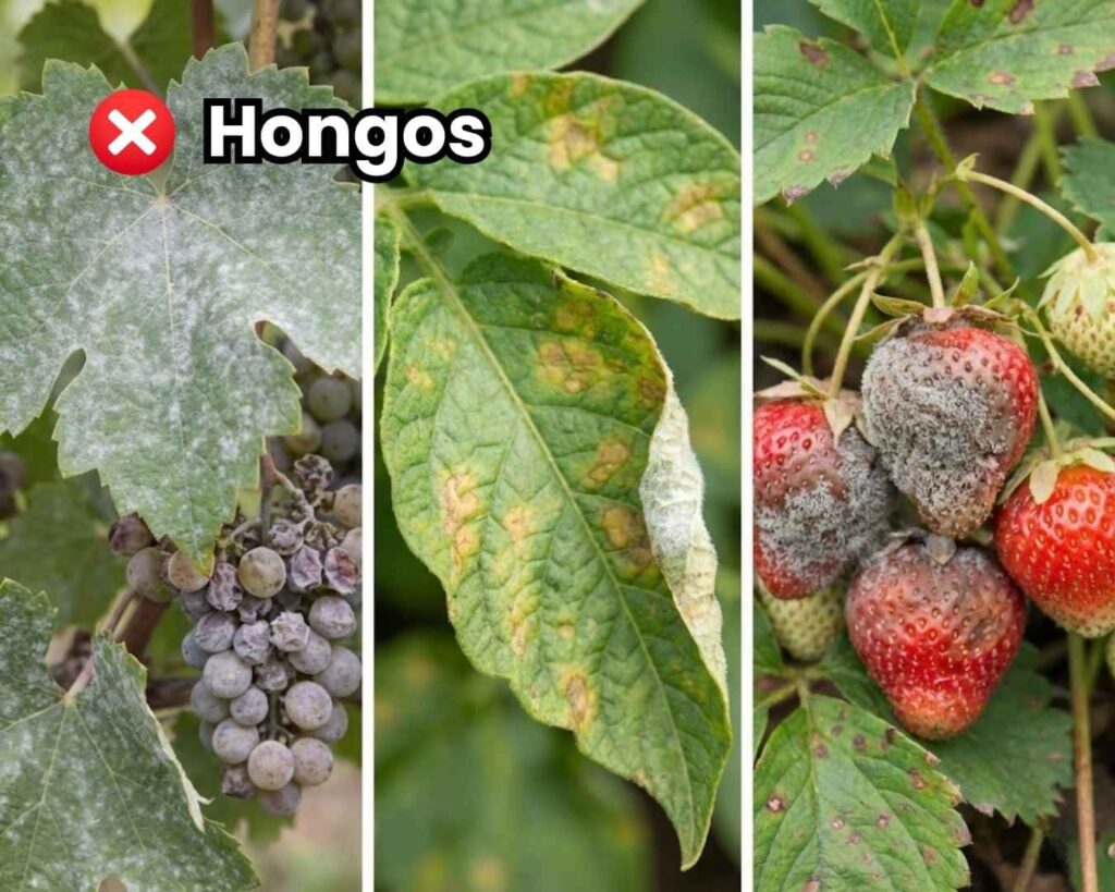 Guía visual identificación de hongos en cultivos: Oidium (polvo blanco) en uva, Mildiu (mancha de aceite) en hoja y Botrytis (moho gris) en fresa.